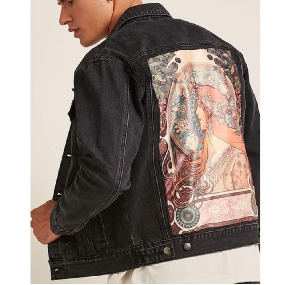 RARE Limited Edition Alphonse Mucha Forever 21‎ Black Denim Jacket Small